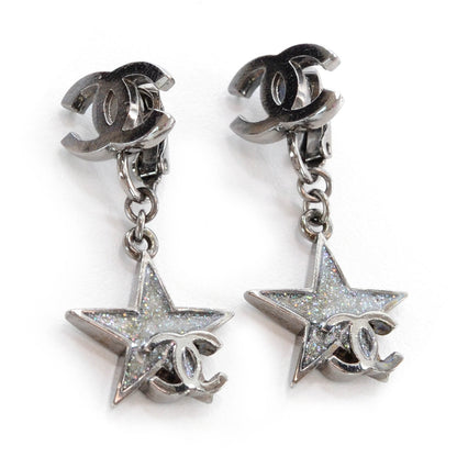 Chanel Glitter CC Star Drop Clip On Earrings Silver 1 of 4