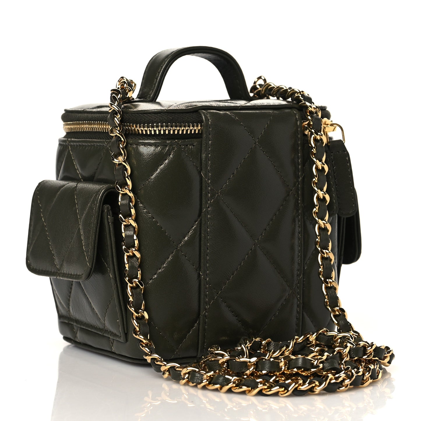 Lambskin Quilted Polly Pocket Top Vanity With Chain Khaki