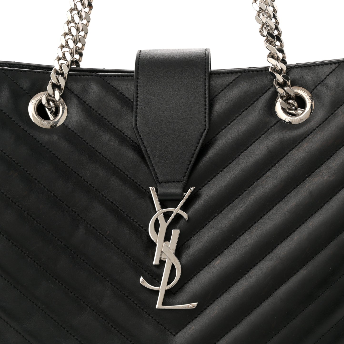 Smooth Calfskin Matelasse Chevron Large Monogram Shopping Bag Black
