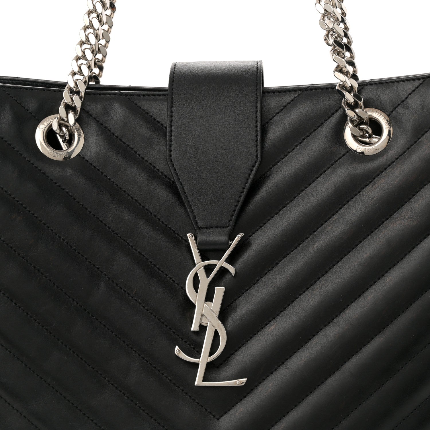 Saint Laurent Smooth Calfskin Matelasse Chevron Large Monogram Shopping Bag Black 8 of 12