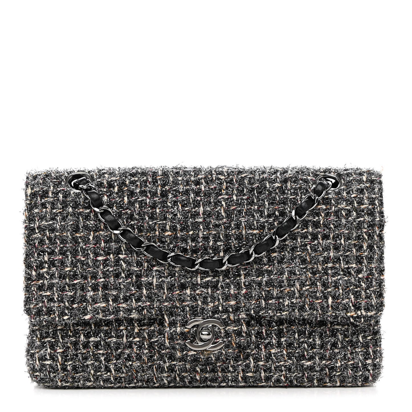 Metallic Tweed Medium Double Flap Black White