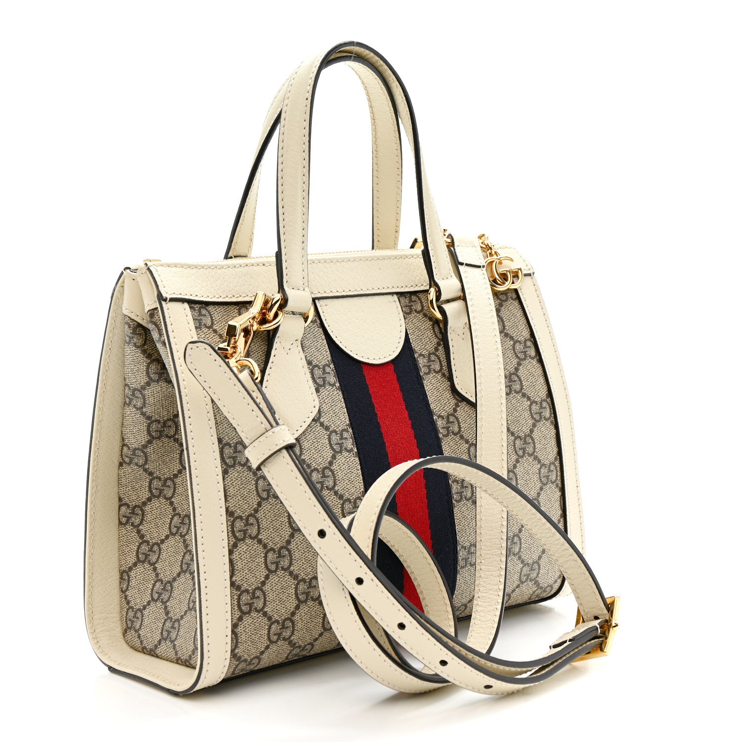 Gucci GG Supreme Monogram Textured Dollar Calfskin Web Small Ophidia Tote Bag Beige Ebony Mystic White 3 of 14