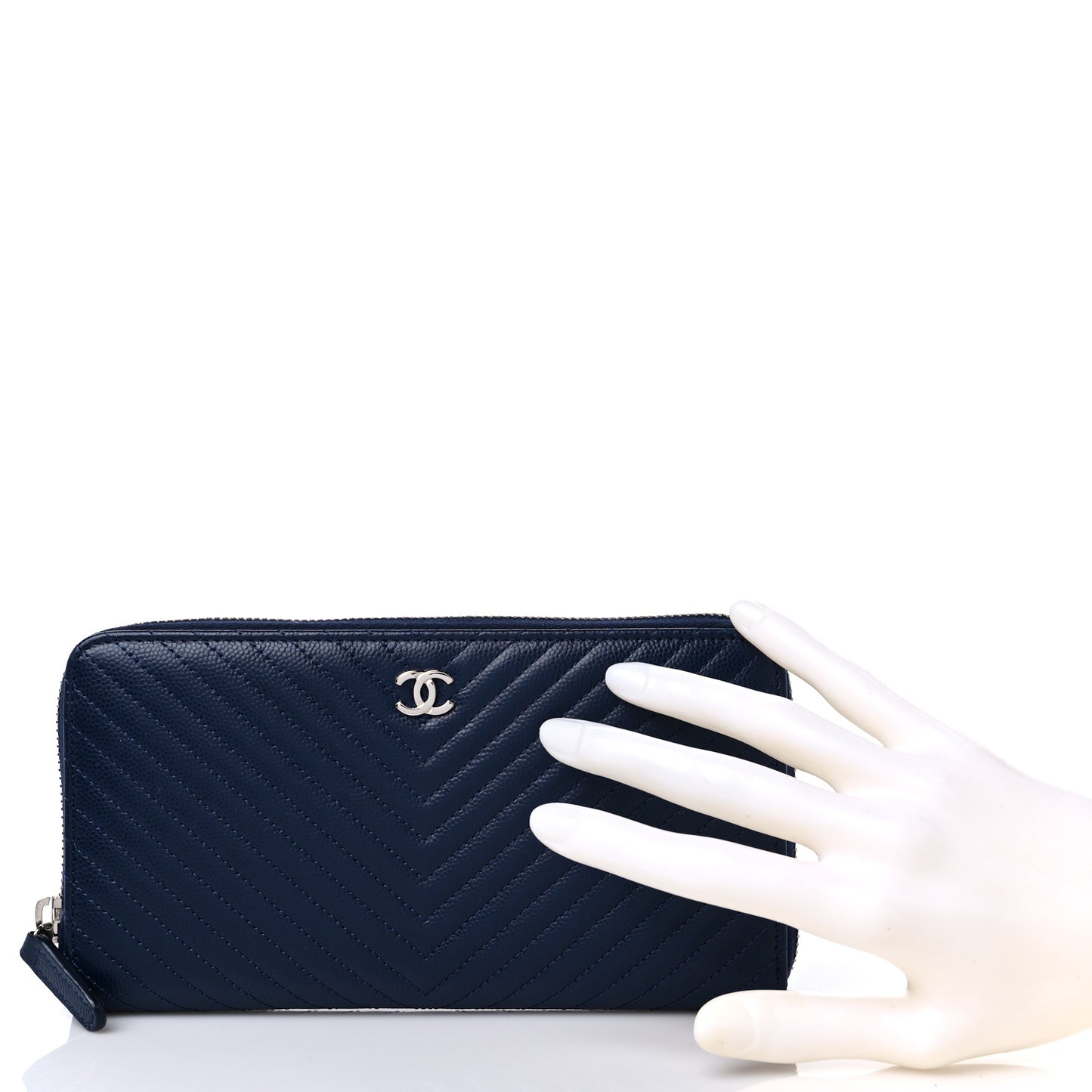 Caviar Chevron Quilted Large Gusset Zip Around Wallet Navy