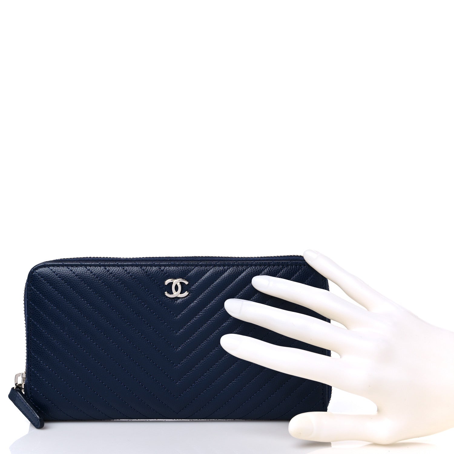 Chanel Caviar Chevron Quilted Large Gusset Zip Around Wallet Navy 2 of 13