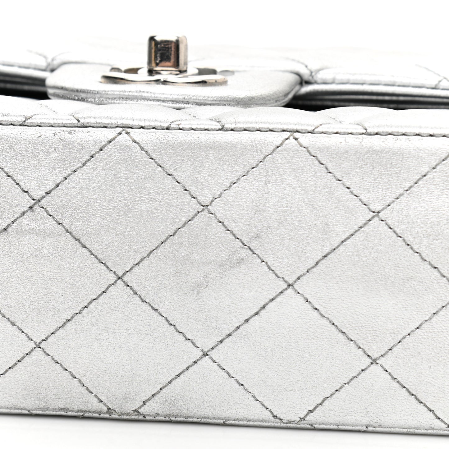 Metallic Lambskin Quilted Medium Double Flap Silver