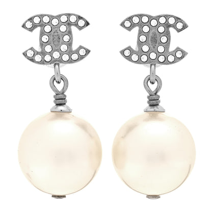 Chanel Crystal Pearl CC Drop Earrings Silver Pearly White 1 of 4
