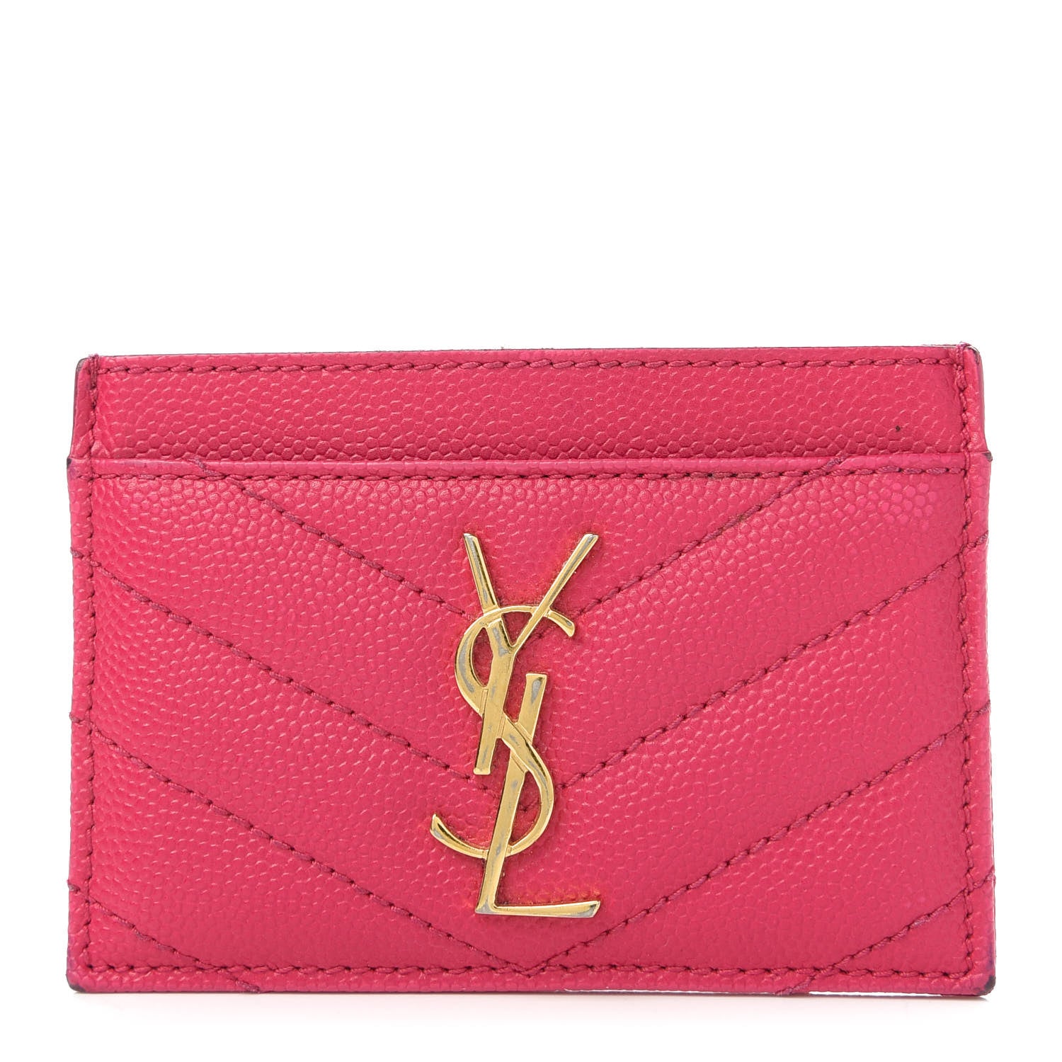 Saint Laurent Grain De Poudre Matelasse Chevron Monogram Credit Card Case Fresh Fuxia 1 of 9