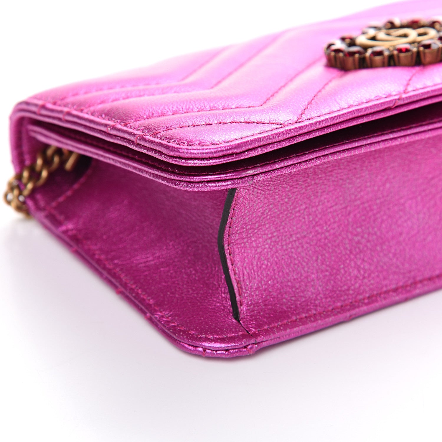 Gucci Metallic Calfskin Matelasse Crystal GG Marmont Mini Bag Fuchsia 6 of 9