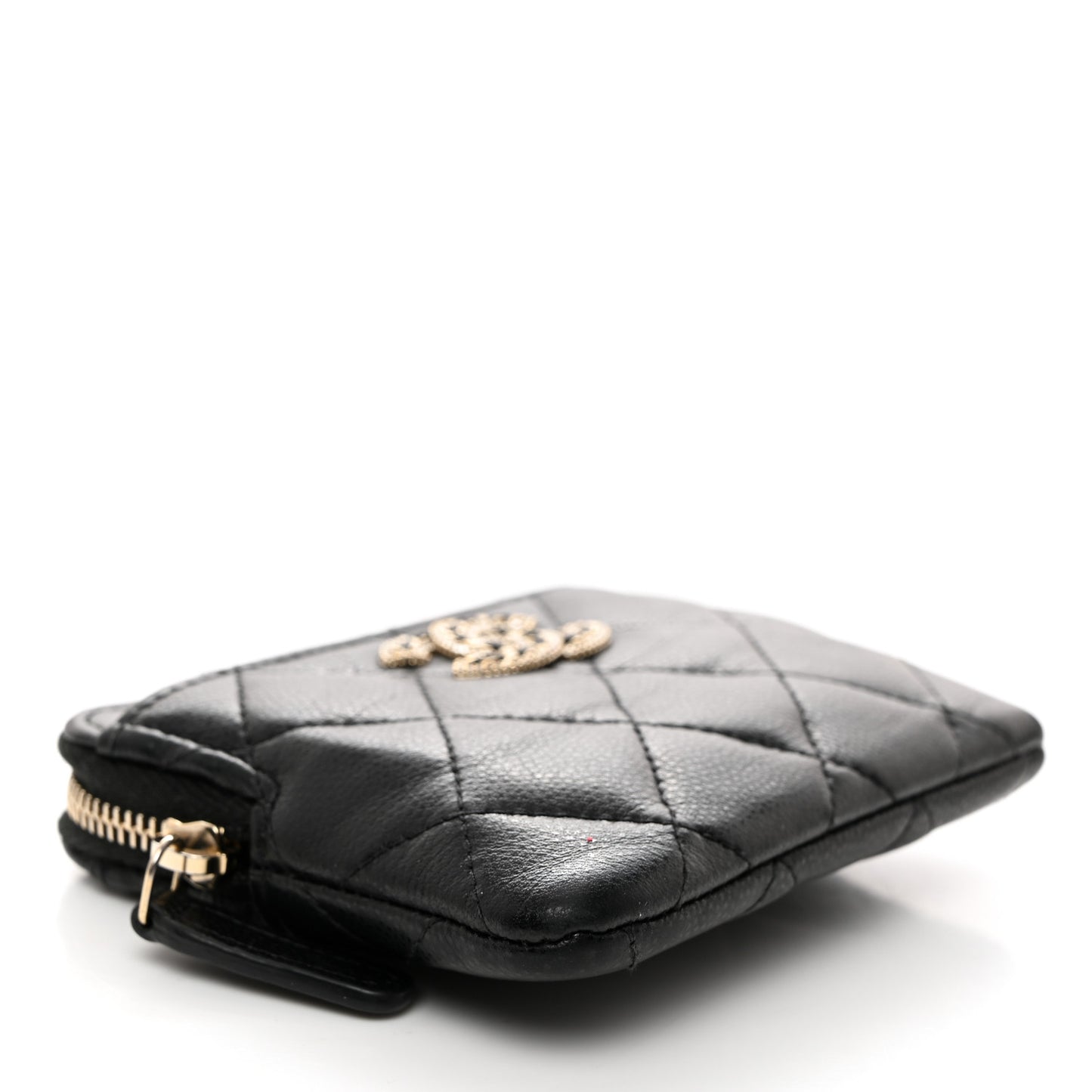 Caviar Quilted Crystal Zip Card Holder Wallet Black
