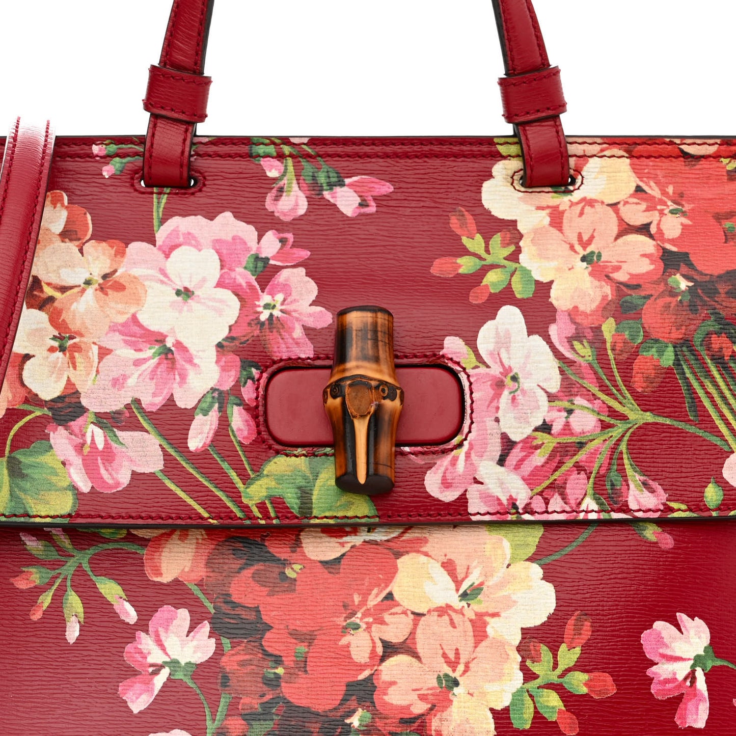 Shangai Calfskin Blooms Print Medium Bamboo Daily Top Handle Bag Romantic Cerise Multicolor
