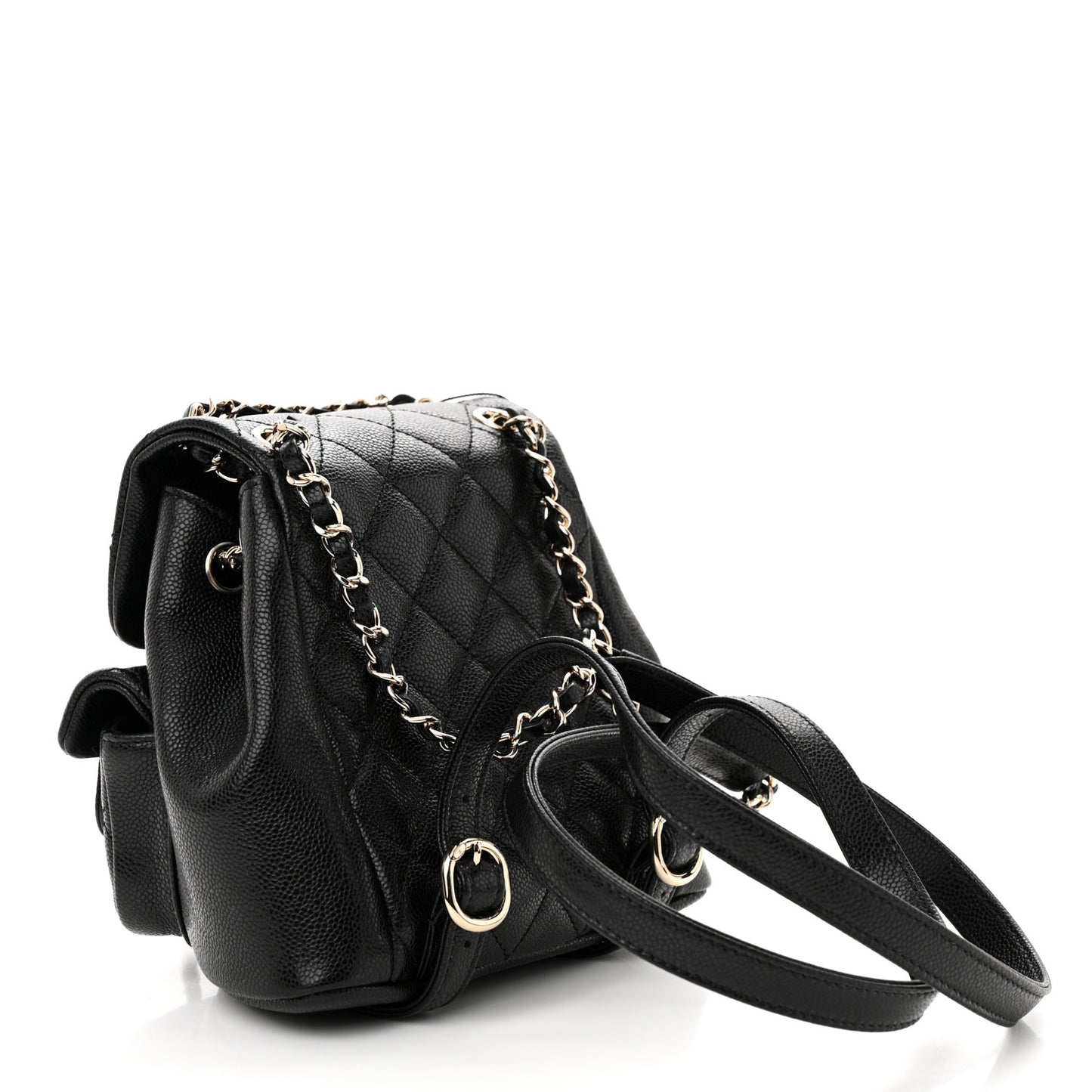 Shiny Caviar Quilted Small Duma Pockets Drawstring Backpack Black