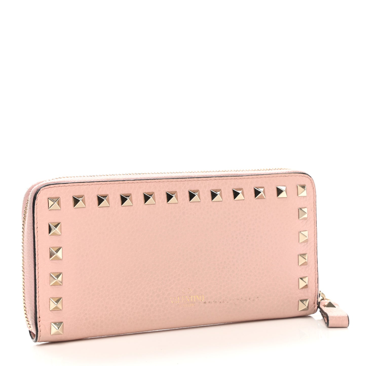 Pebbled Calfskin Rockstud Zip Around Wallet Water Rose