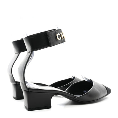 Chanel Lambskin Grosgrain Cap Toe Logo Ankle Strap Pumps 37 Black 4 of 9