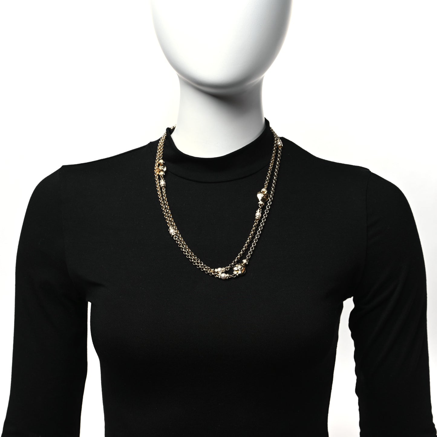 Pearl Bead Heart CC Long Necklace Gold