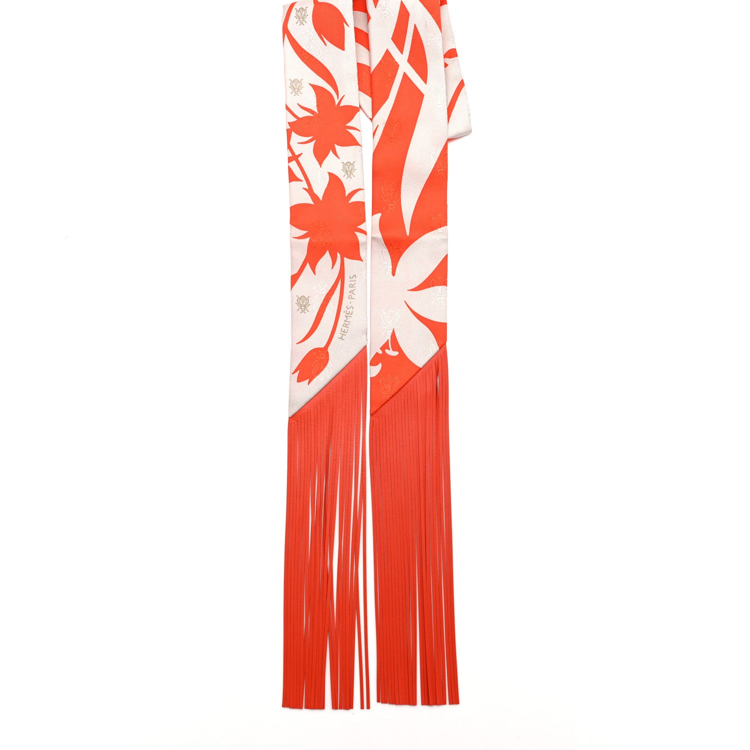 Hermes Silk Calfskin Bouquet Final Fringed Twilly Orange Gris Perle Vermillion 2 of 4