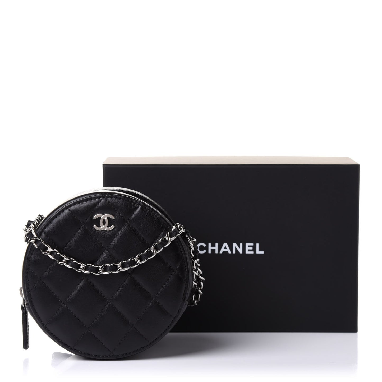 Lambskin Quilted Round Clutch With Chain Black