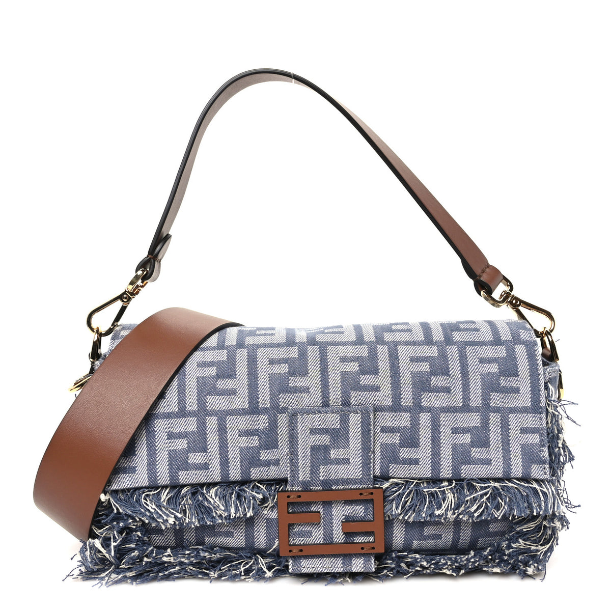 Denim Vitello Fringe FF Embroidered Baguette Myrtle Dark Nut