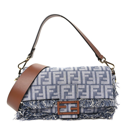 Fendi Denim Vitello Fringe FF Embroidered Baguette Myrtle Dark Nut 1 of 9