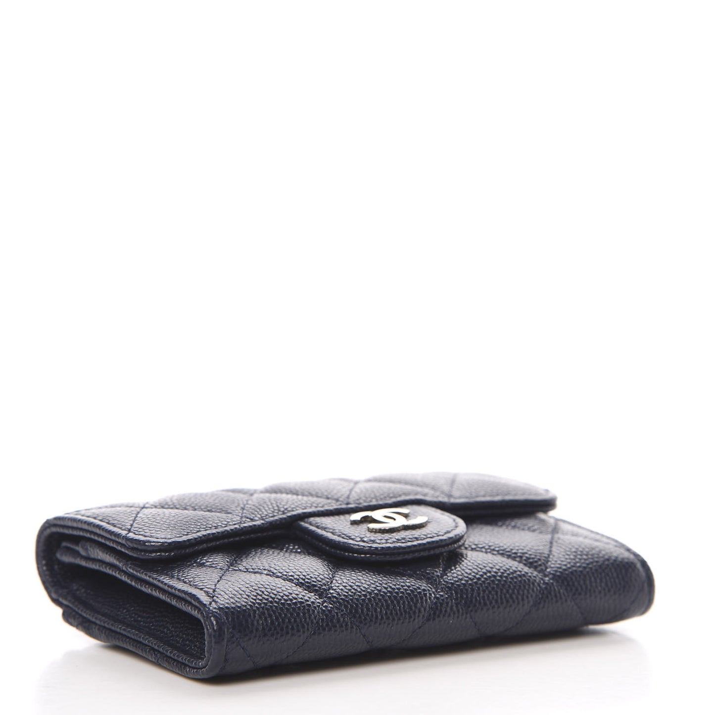 Caviar Quilted Flap Card Holder Wallet Navy Blue