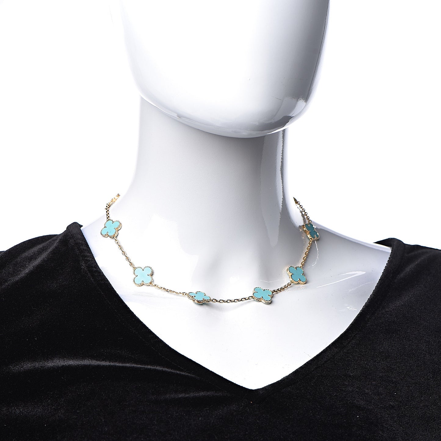 18K Yellow Gold Turquoise 10 Motifs Vintage Alhambra Necklace