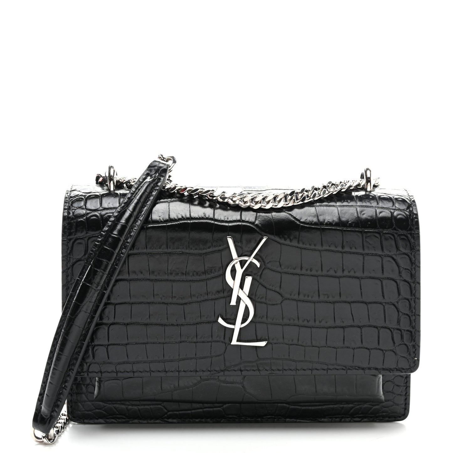 Calfskin Crocodile Embossed Monogram Sunset Chain Wallet Black