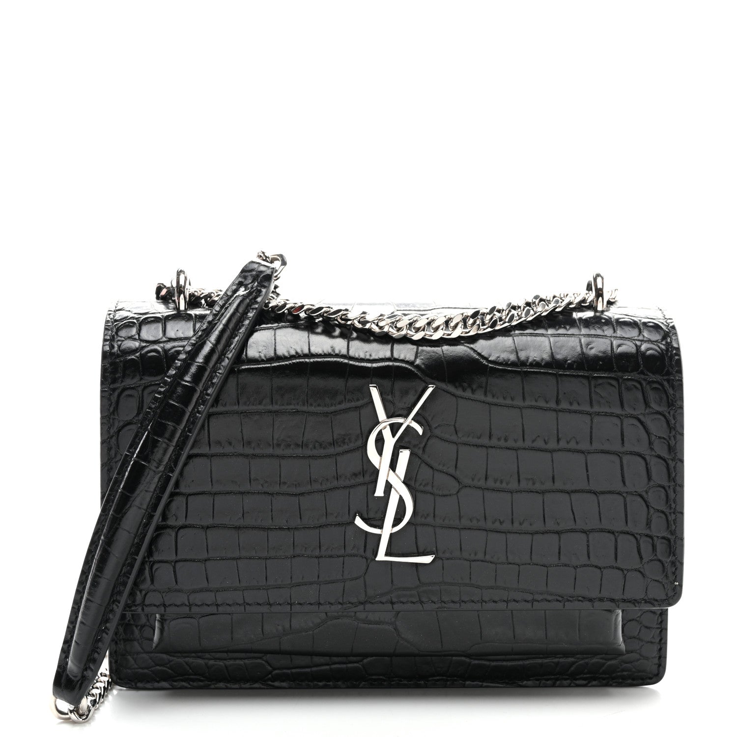 Saint Laurent Calfskin Crocodile Embossed Monogram Sunset Chain Wallet Black 1 of 9