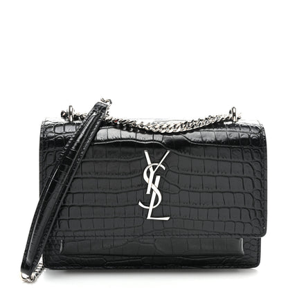 Saint Laurent Calfskin Crocodile Embossed Monogram Sunset Chain Wallet Black 1 of 9