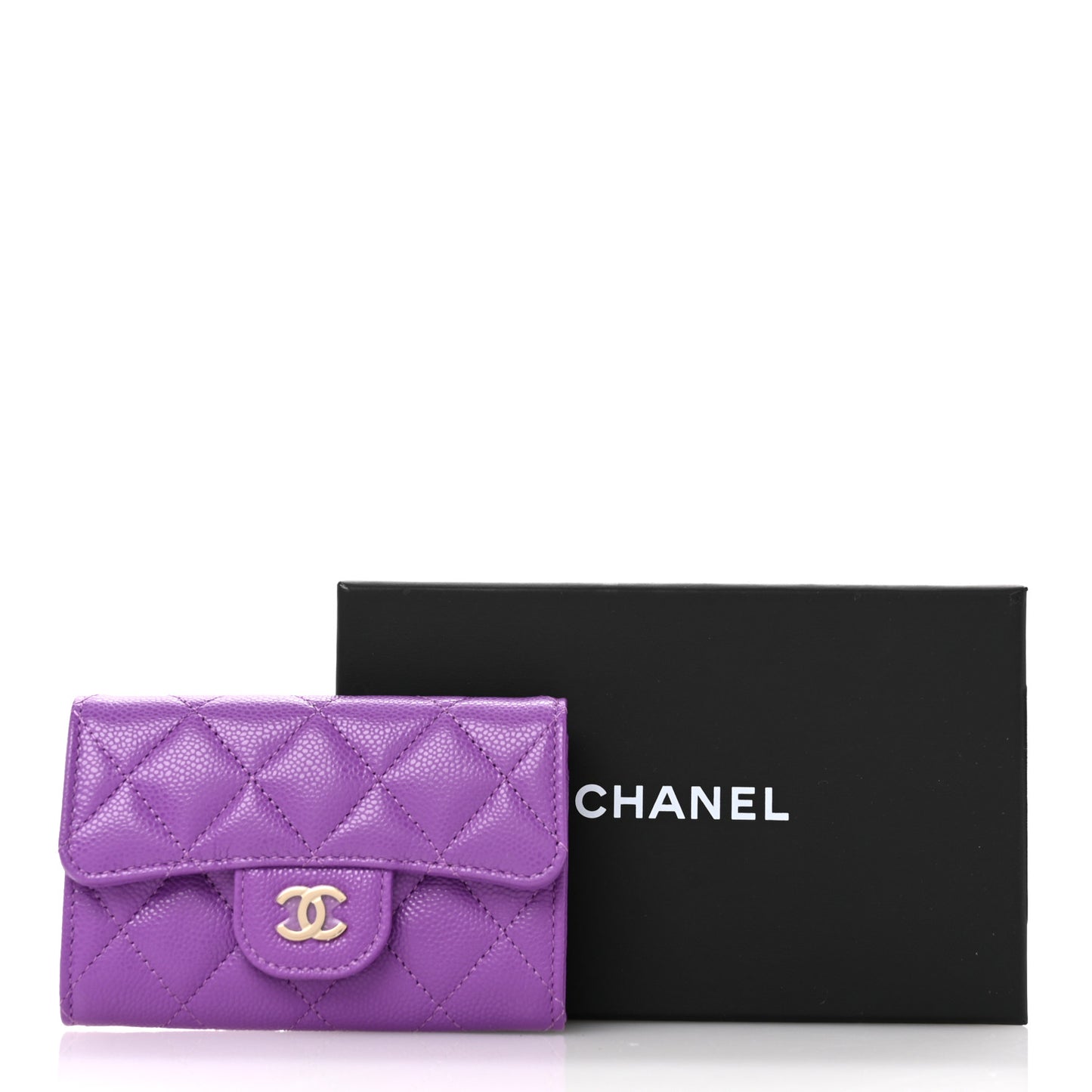 Caviar Quilted Flap Card Holder Wallet Purple