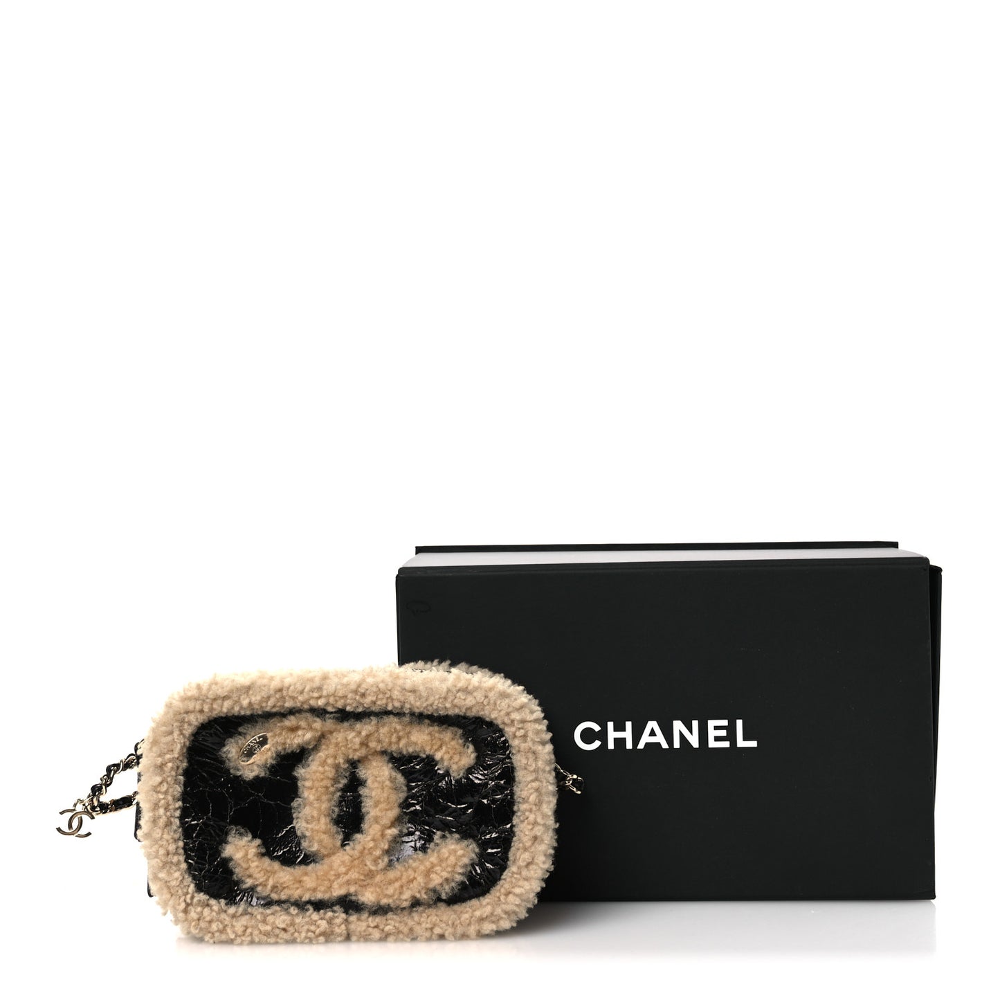 Shiny Crumpled Sheepskin Shearling Waist Bag Black Beige