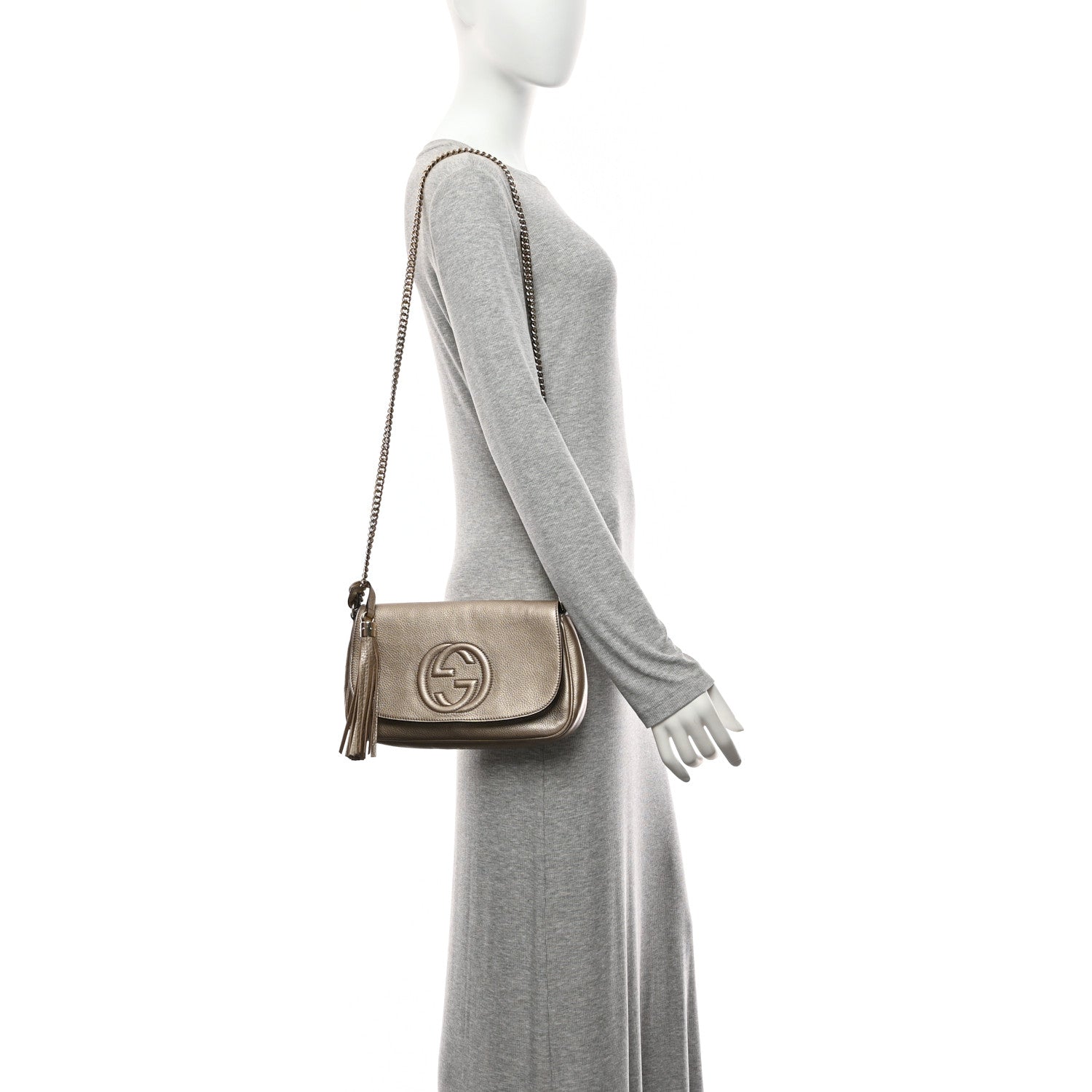 Gucci Metallic Pebbled Calfskin Medium Soho Flap Crossbody Golden Beige 2 of 11