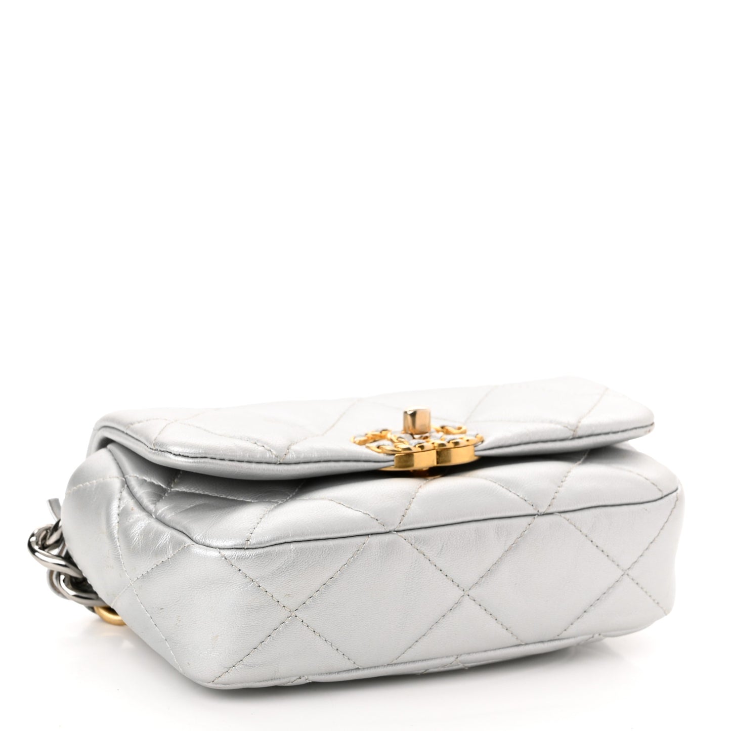Metallic Goatskin Quilted Chanel 19 Waist Bag Silver