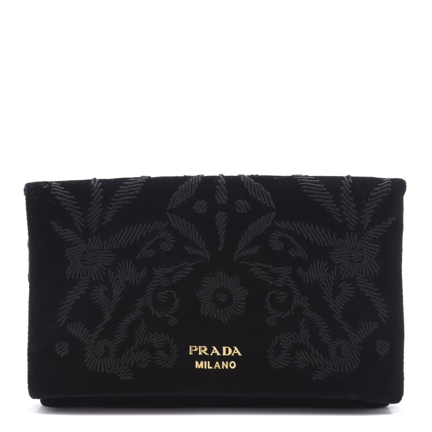 Prada Velluto Velvet Embroidered Flap Clutch Black 1 of 6
