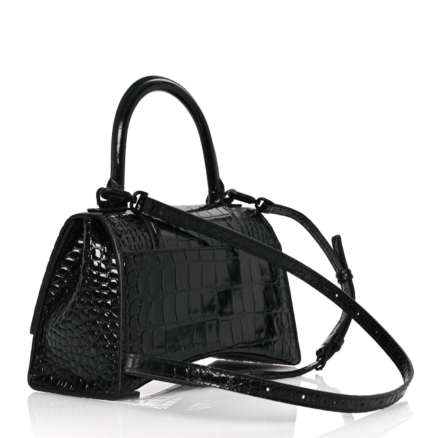 Shiny Calfskin Monochrome Crocodile Embossed Small Hourglass Top Handle Bag Black