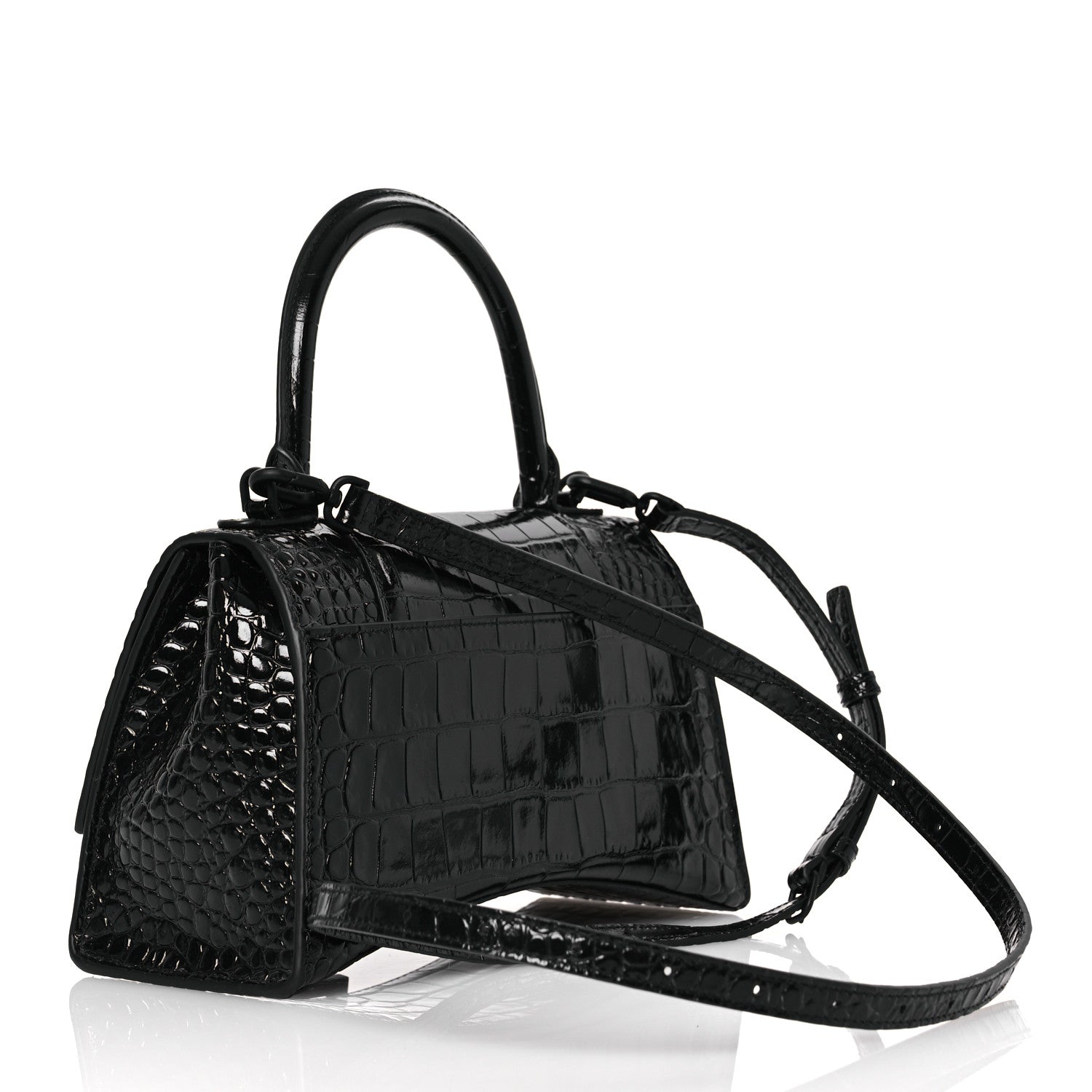 Balenciaga Shiny Calfskin Monochrome Crocodile Embossed Small Hourglass Top Handle Bag Black 3 of 12