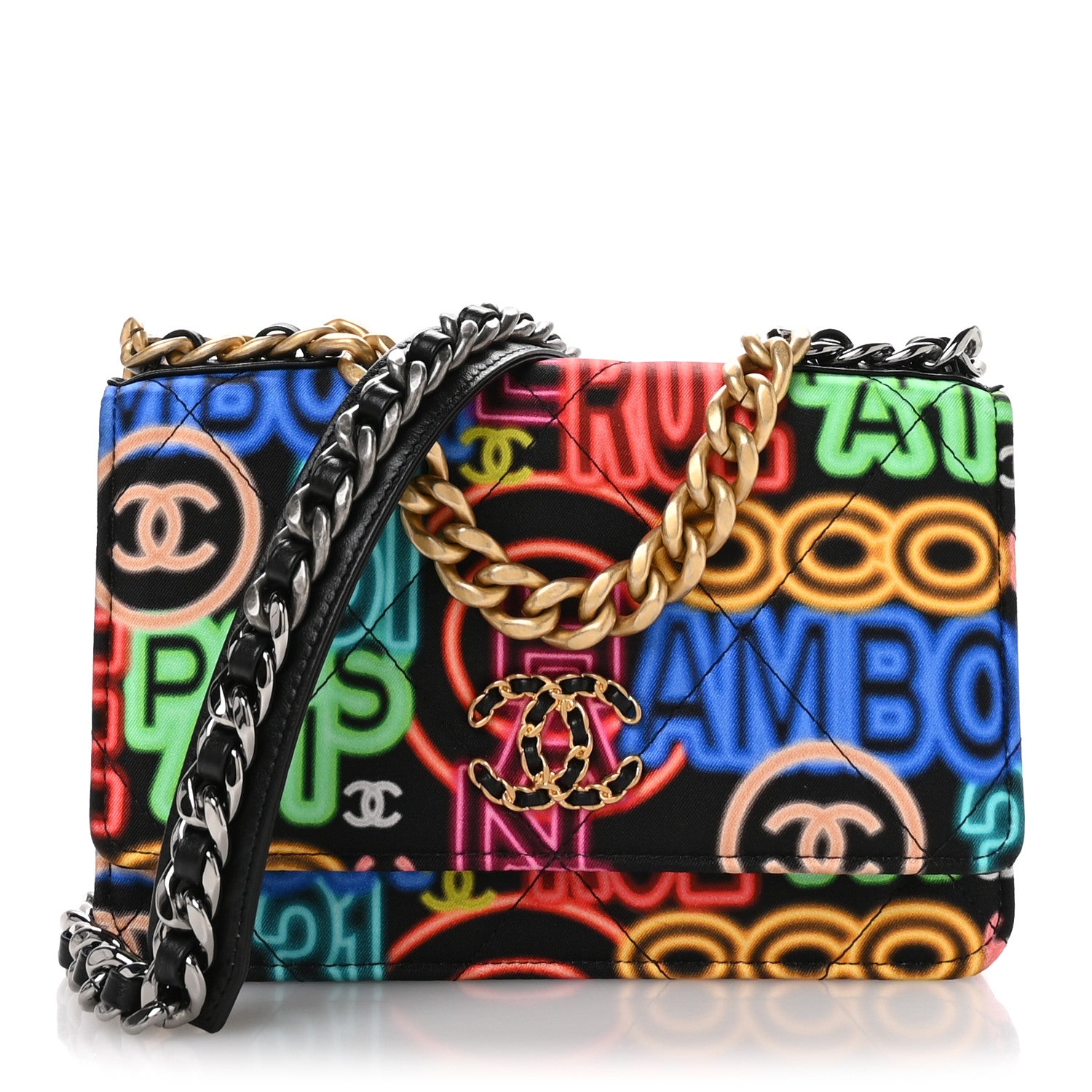 Chanel Fabric Printed Chanel 19 Wallet On Chain WOC Black Multicolor 1 of 13