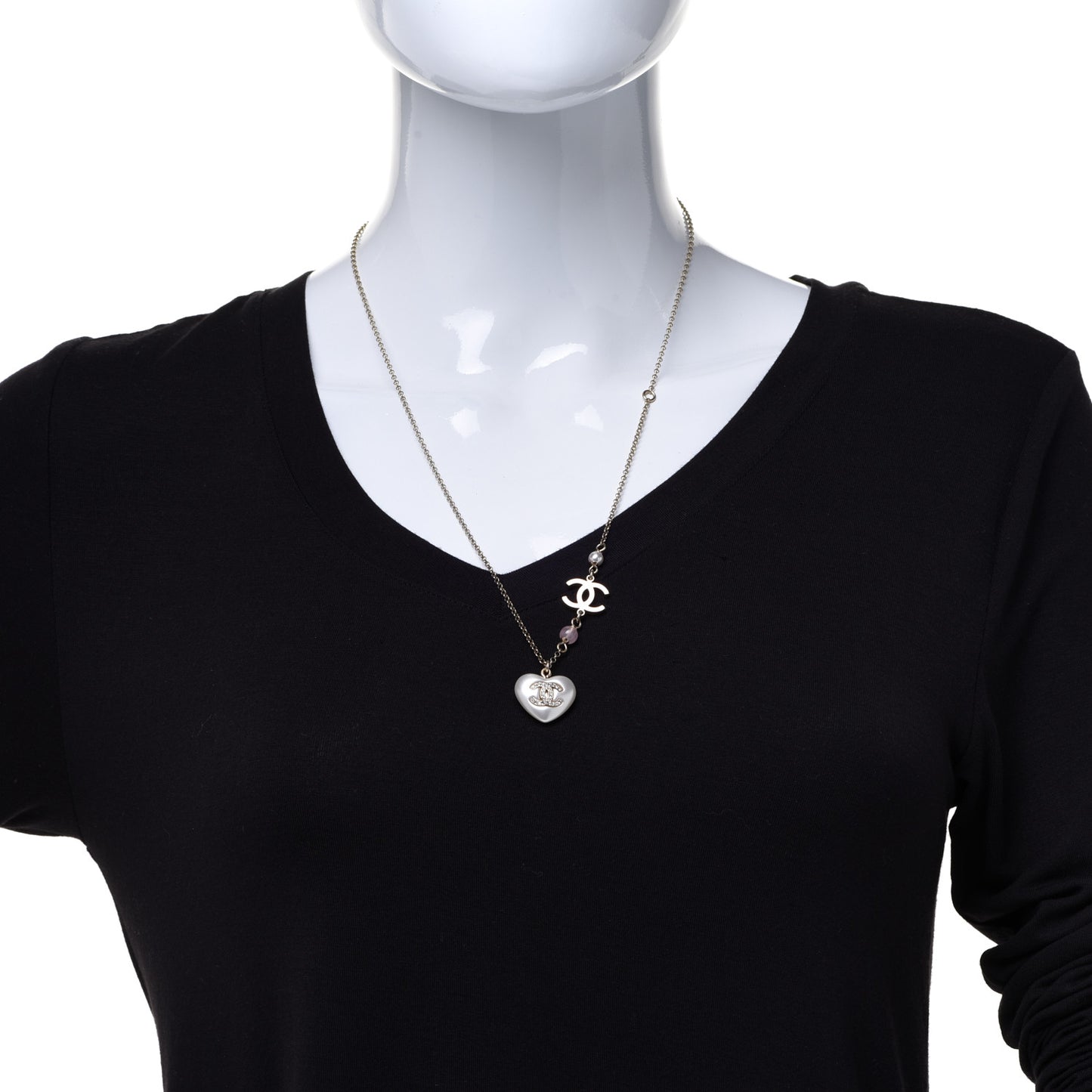 Resin Crystal CC Heart Necklace Pearly White Gold