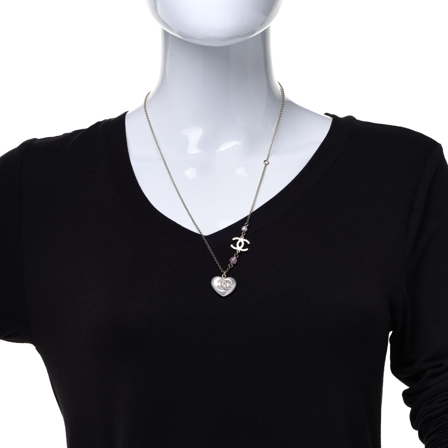 Chanel Resin Crystal CC Heart Necklace Pearly White Gold 2 of 6