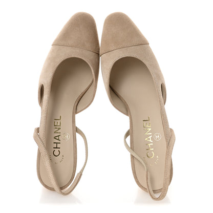 Chanel Suede Cap Toe CC Slingback Pumps 37 Ivory Light Beige 2 of 10