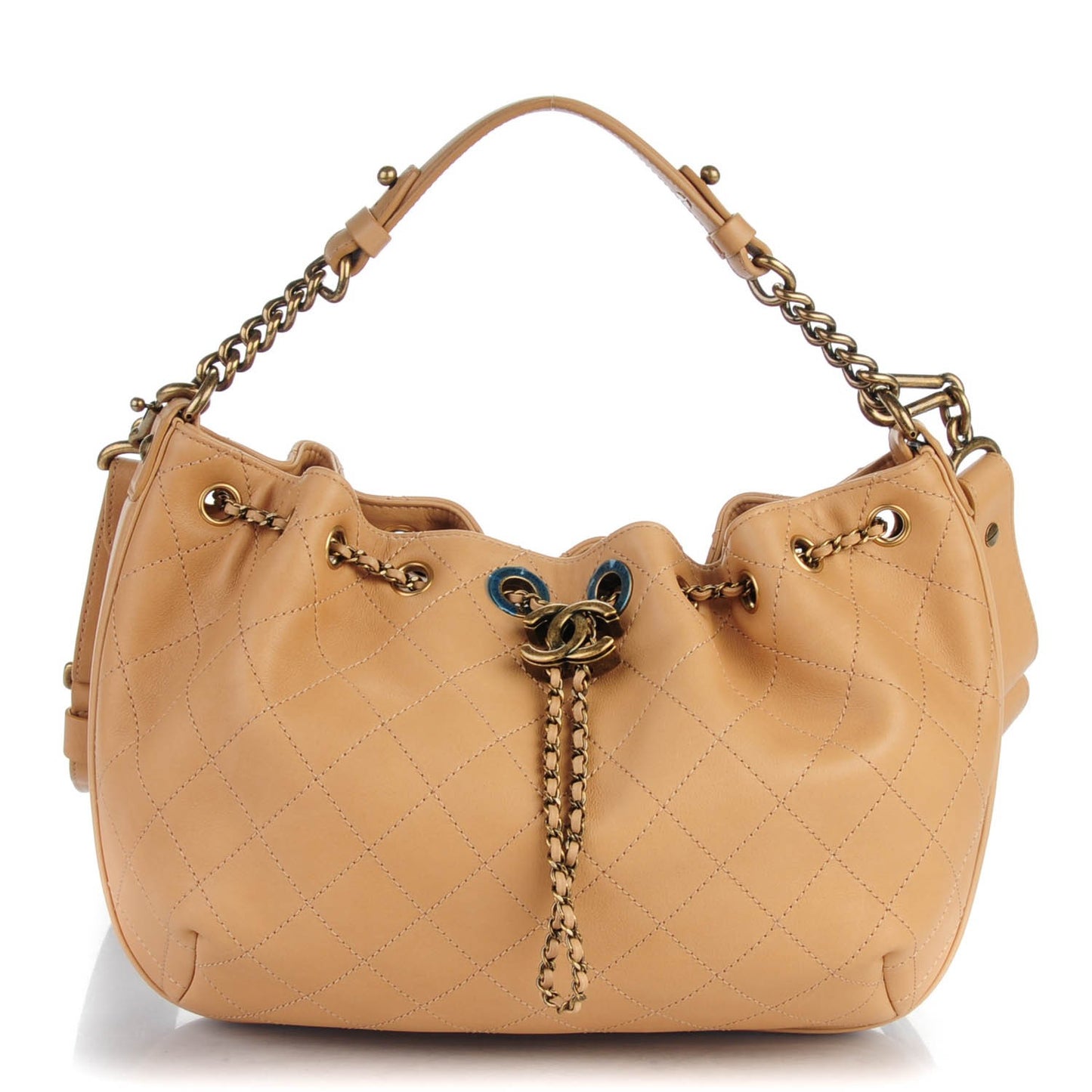Calfskin Stitched Medium Drawstring CC Bag Beige