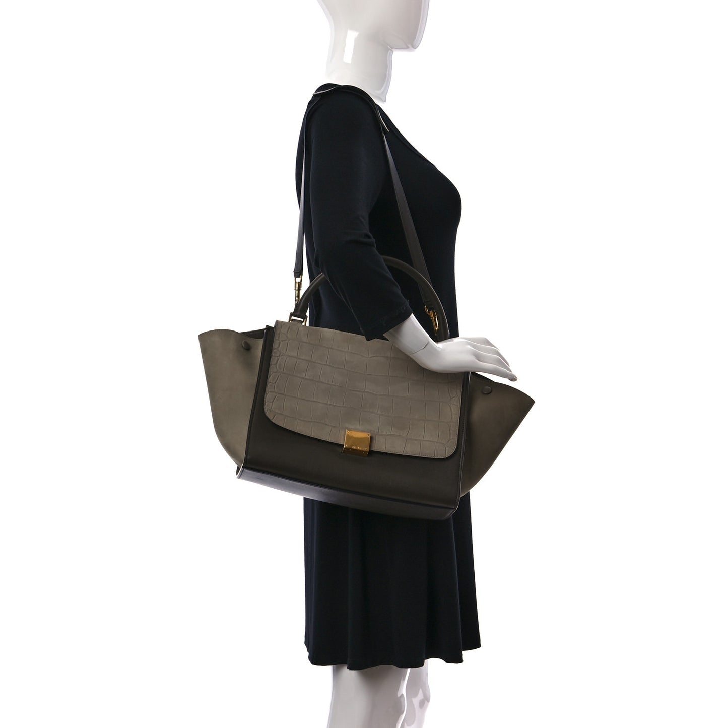 Crocodile Embossed Calfskin Suede Medium Trapeze Taupe