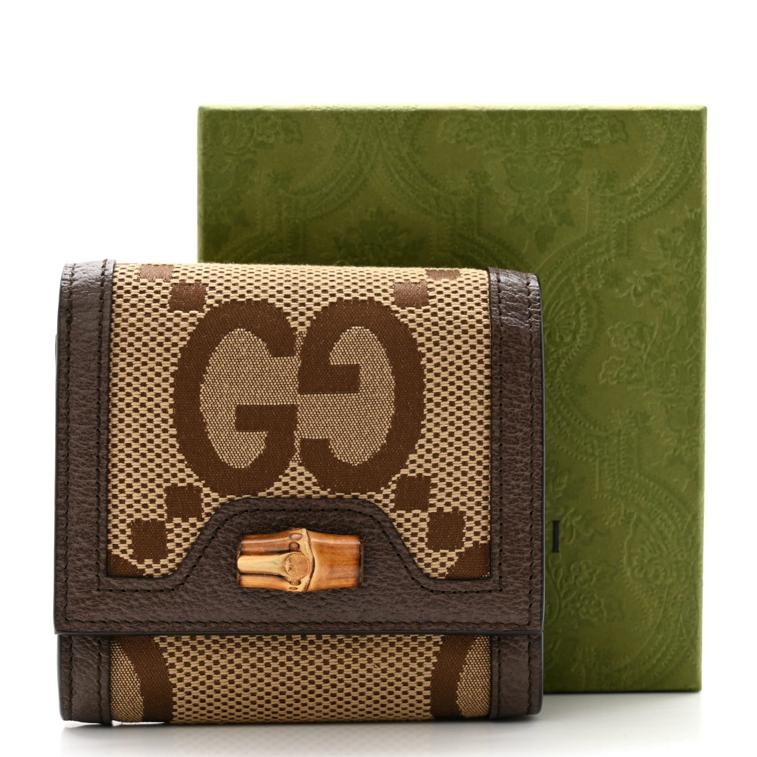 Gucci Monogram Jumbo GG Textured Dollar Calfskin Diana Compact Wallet Camel Ebony New Acero 8 of 8