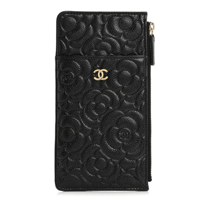 Chanel Caviar Camellia Embossed Classic Flat Wallet Pouch Black 1 of 12