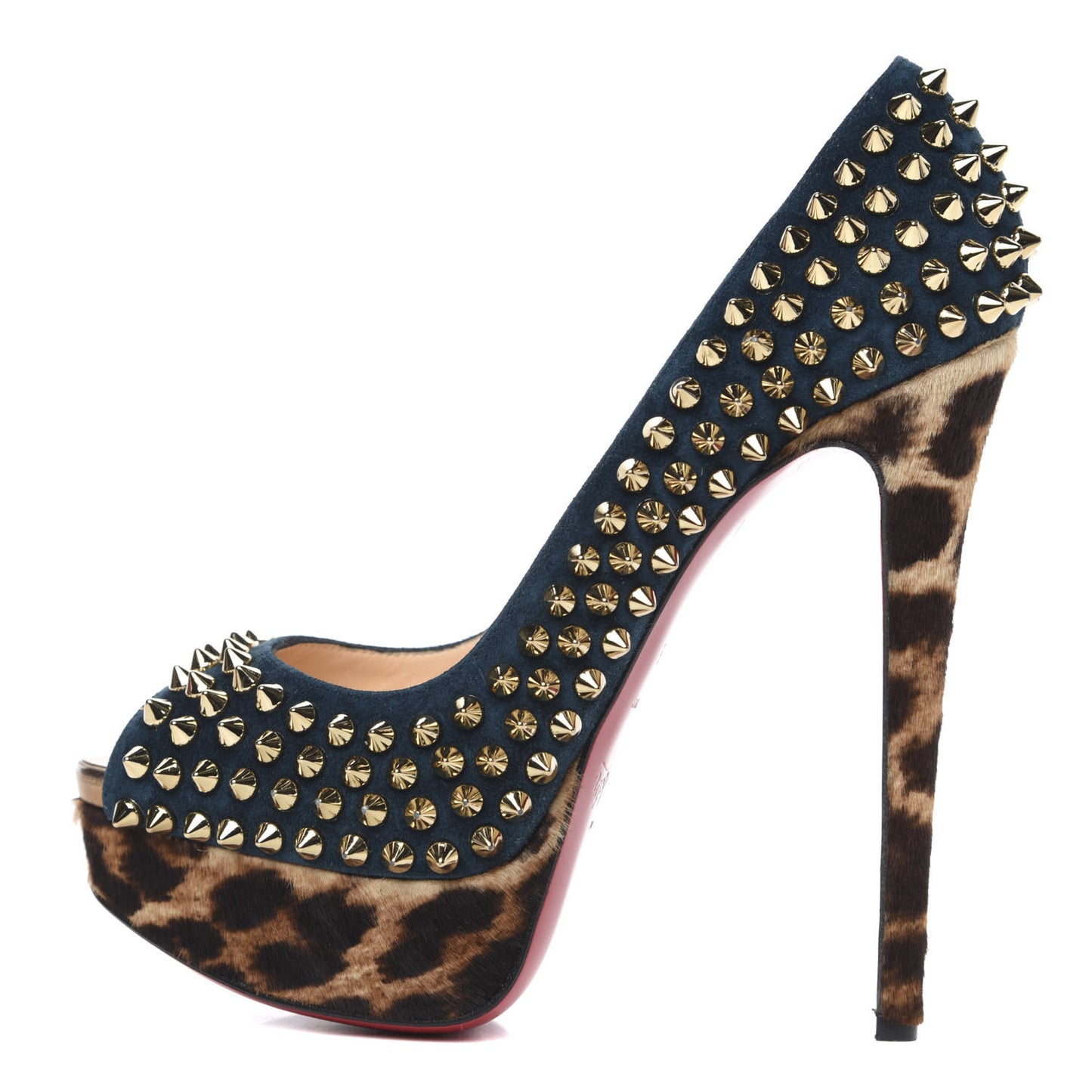 Veau Velours Calf Hair Leopard Lady Peep Spikes VIP 150 Pumps 35.5 Blue Khol Bronze
