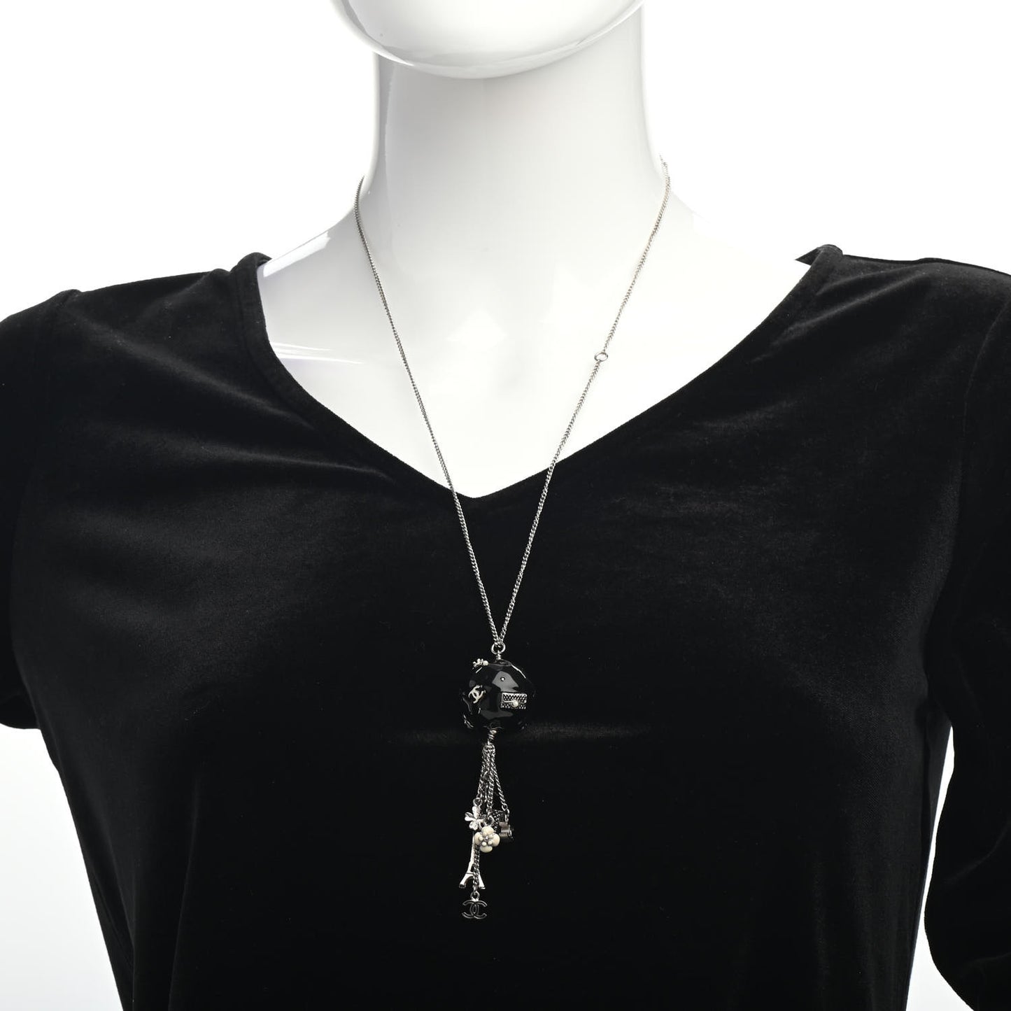 Camellia CC Globe Drop Pendant Necklace Black Silver