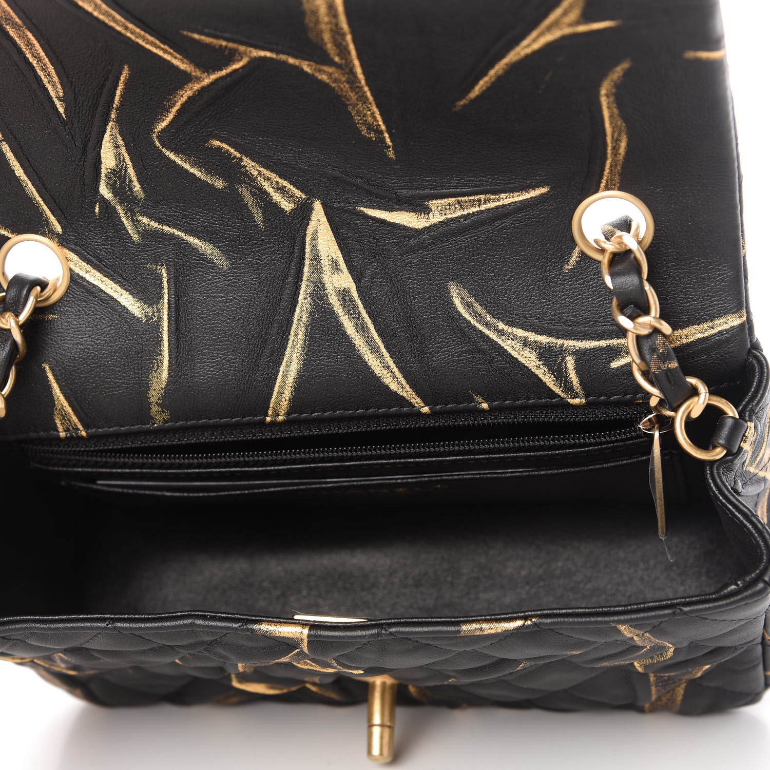 Chanel Crumpled Calfskin Printed Quilted Mini Rectangular Flap Black Gold 5 of 10