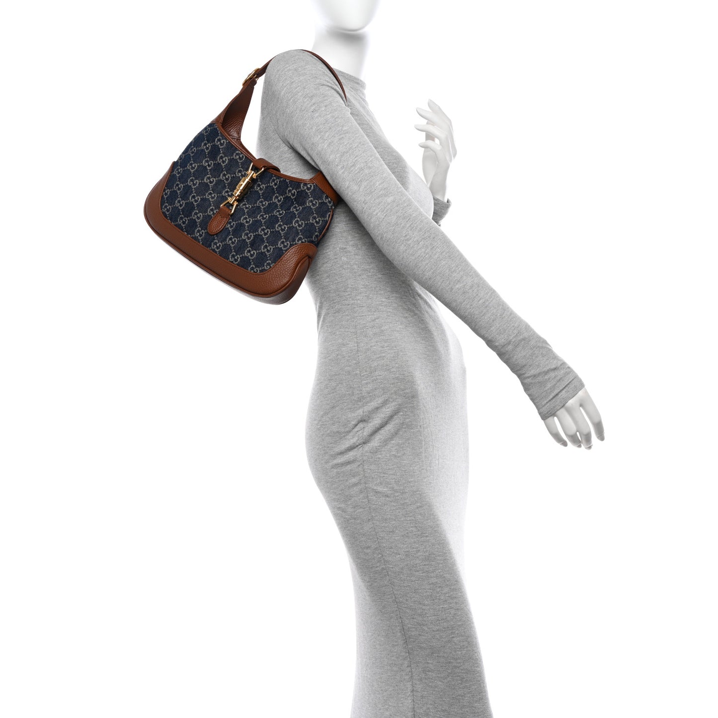 New Denim GG Monogram Calfskin Small Jackie 1961 Hobo Blue Tea Cuir