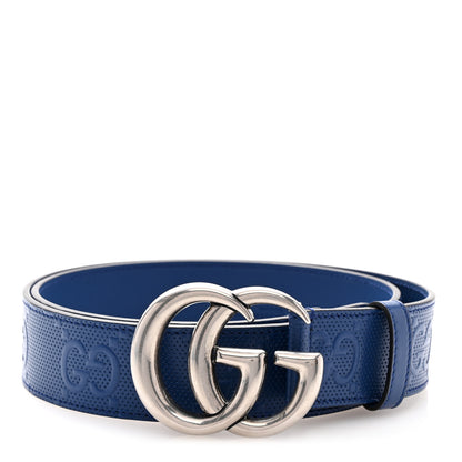 Gucci Calfskin GG Tennis Embossed Double G 40mm Belt 90 36 Intense Metal Blue 1 of 5