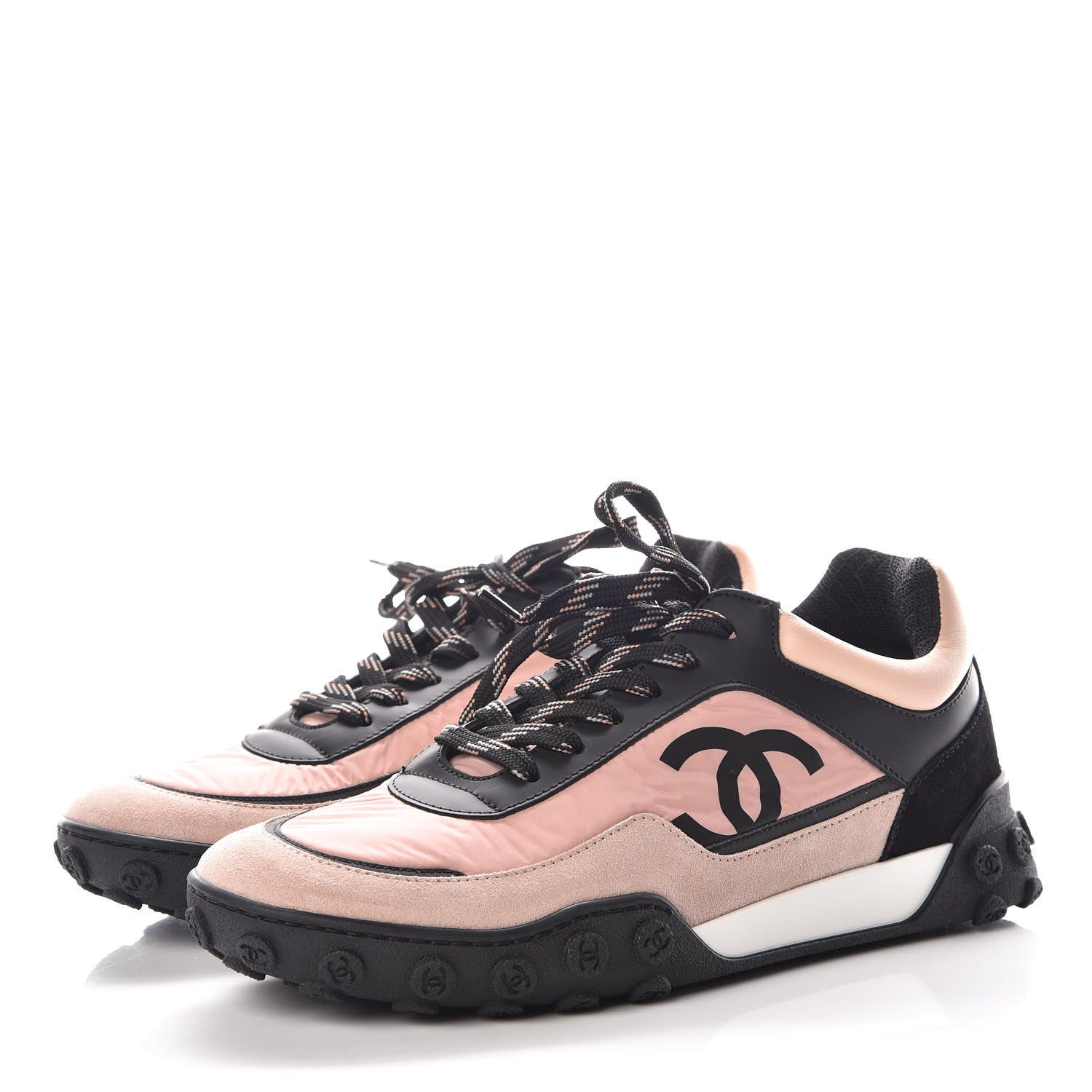 Chanel Nylon Calfskin Suede CC Womens Sneakers 37.5 Pink Black 3 of 9