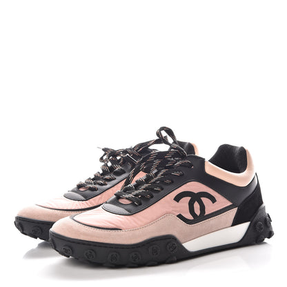 Chanel Nylon Calfskin Suede CC Womens Sneakers 37.5 Pink Black 3 of 9