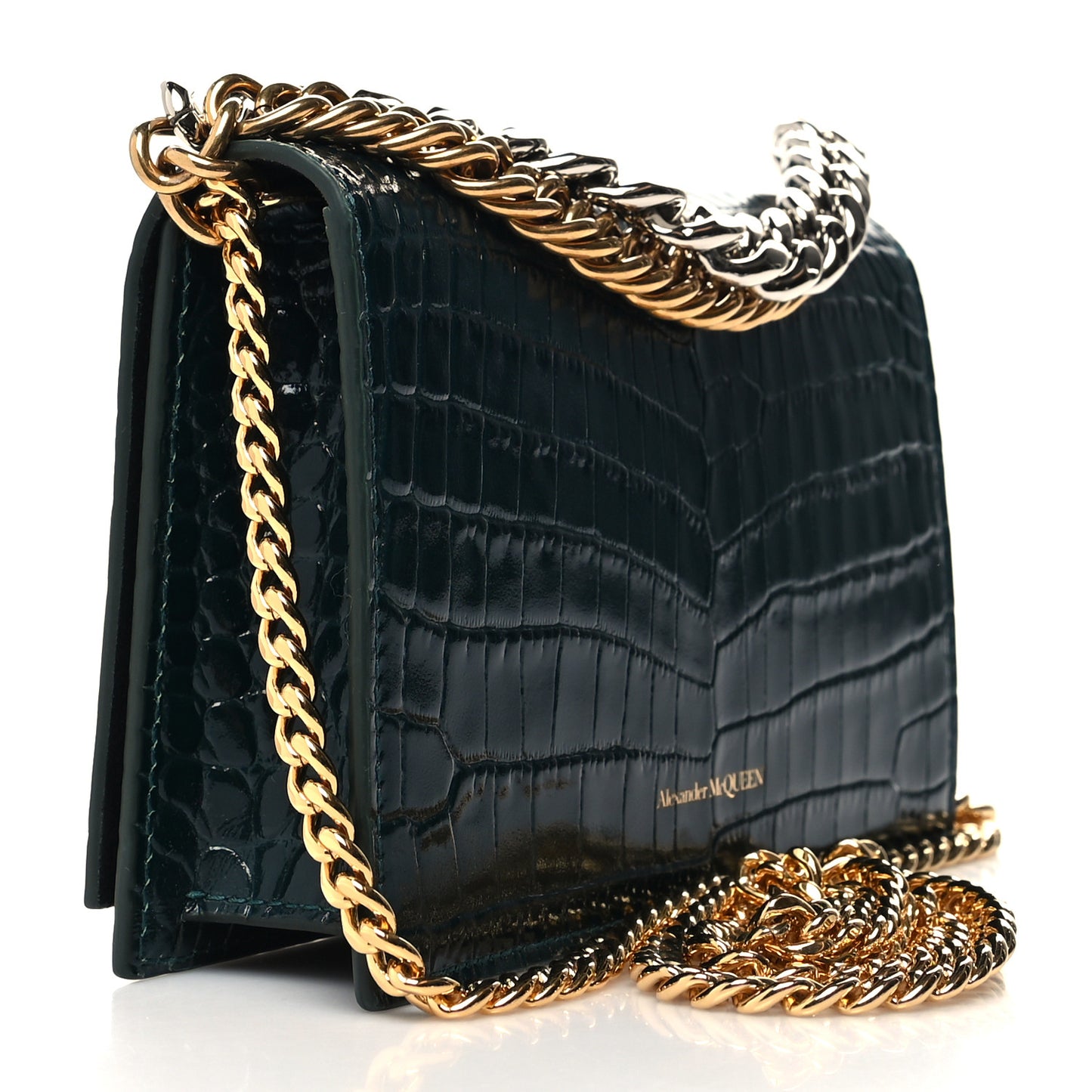 Glazed Calfskin Crocodile Embossed Small Skull Shoulder Bag Green